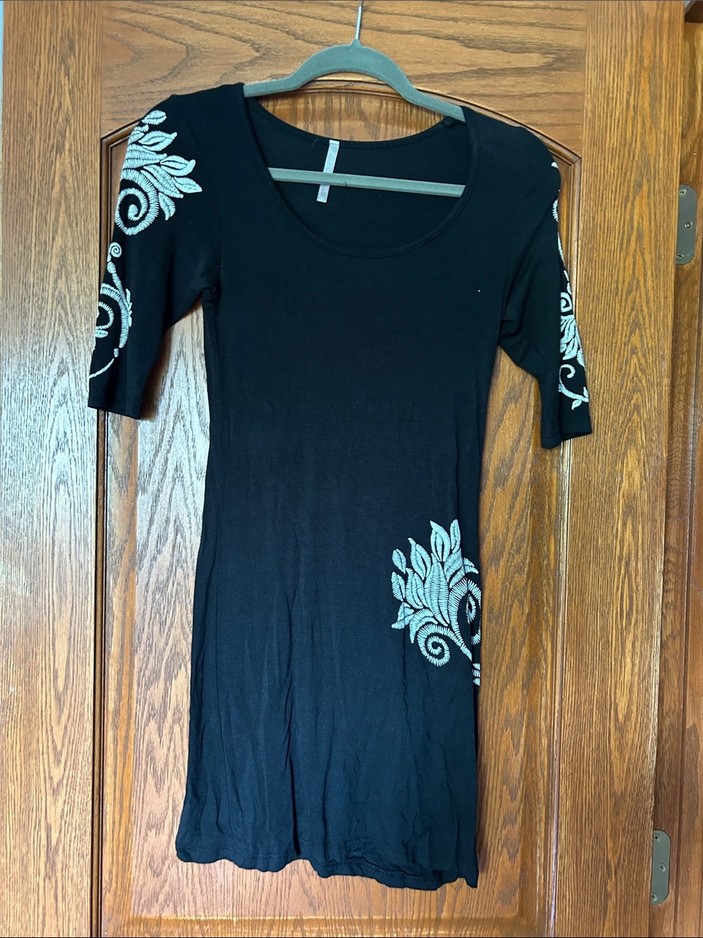 Black Scoop Neck Dress with Silver Embroidered Accents